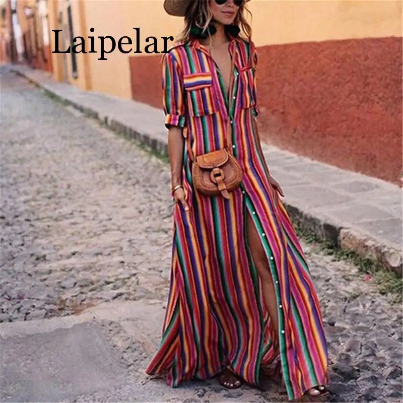 

Laipelar Long Plus Size Dresses Elegant Fashion Women Striped Dress Casual Ladies Pocket Half Sleeve Beach Party Long Maxi Dress