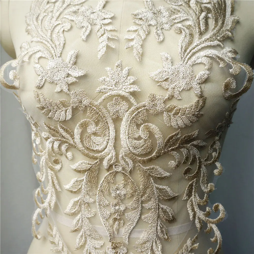 Light Gold Embroidery Lace Applique Flower Fabric Lace Trim Sewing Collar Patch Wedding Gown Dress Bridal DIY Clothes Crafts