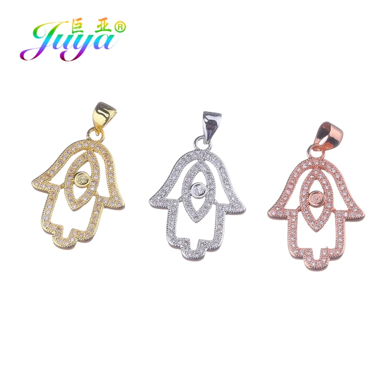 Juya DIY Amulets Bracelet Necklace Making Accessories Micro Pave Zircon Hamsa Hand Of Fatima Charm Pendants Supplis