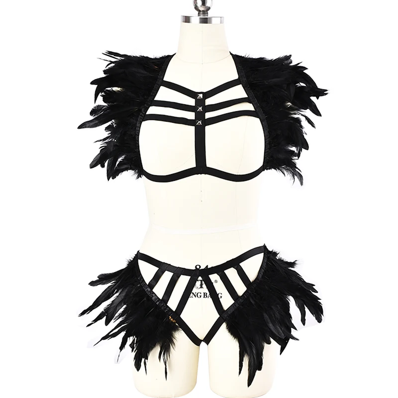 

JLX.HARNESS Feather Epaulette Wings Body Harness Set Top Pastel Goth Cage Bra & High Waist Black Feather Bottom Pantie Harness