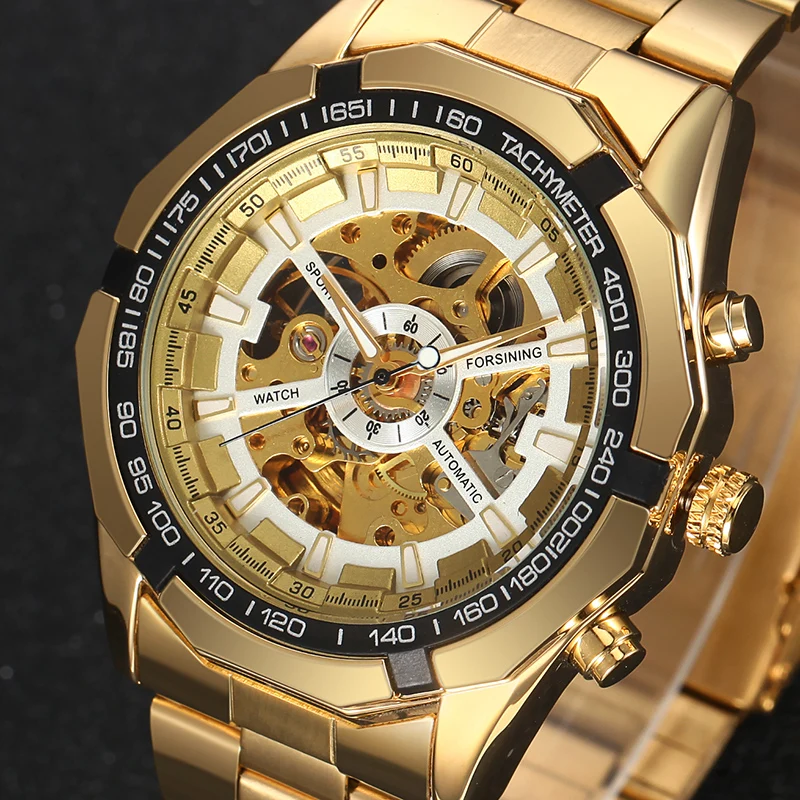 Luxury Brand WINNER Antique Skeleton Mechanical Watches Men Stainless Steel Golden Band Wristwatch Relogio Masculino