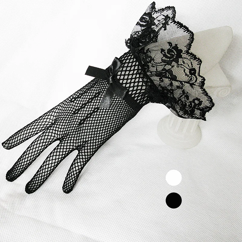 

Lady Elastic Mesh Cloth Nylon Party Formal Etiquette Bow Glove Women Nightclub Sexy Short Lace Princess Erotic Dance Gloves B99