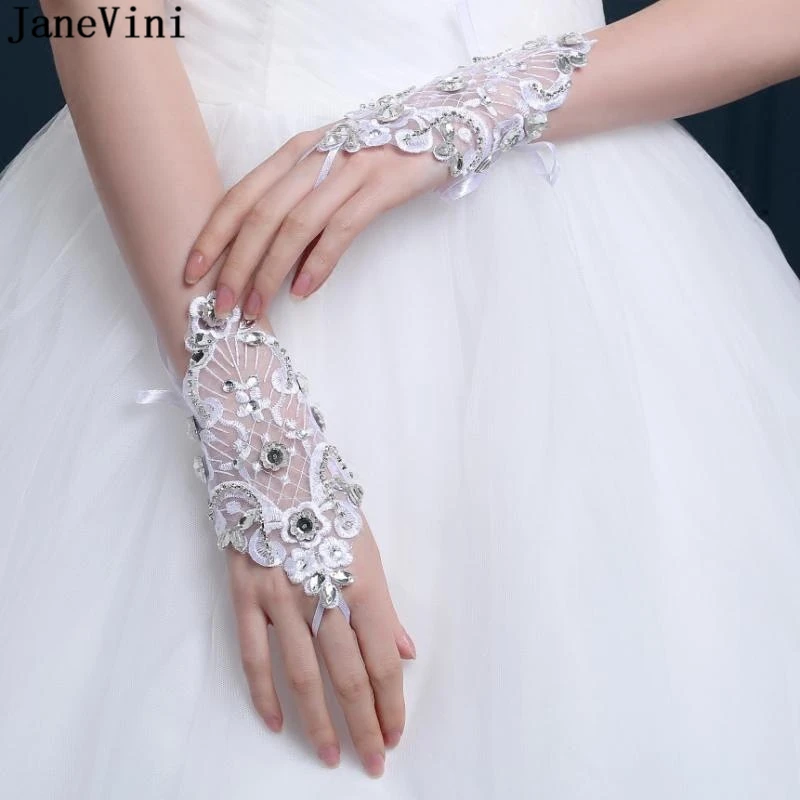 JaneVini 2019 Kurze Weiß Hochzeit Braut Handschuhe mit Strass Handgelenk Länge Finger Spitze Elegante Frauen Hochzeit Zubehör