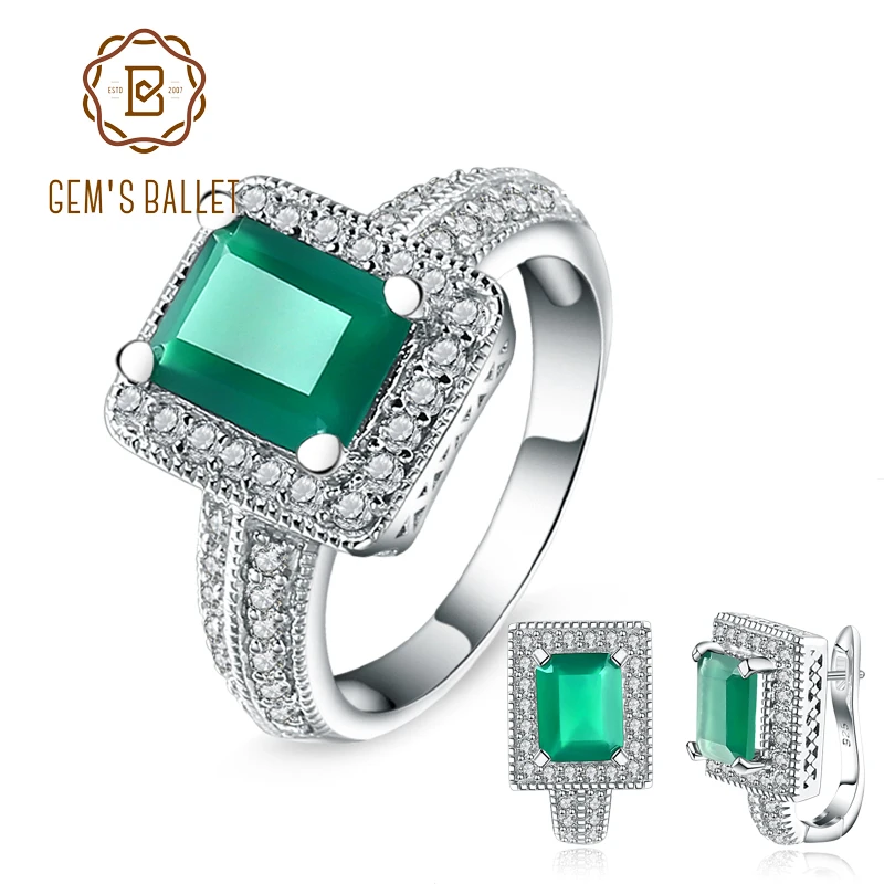 

GEM'S BALLET 6.15Ct Emerald Cut Natural Green Agate Vintage Jewelry Set Pure 925 Sterling Silver Earrings Ring Set sieraden sets