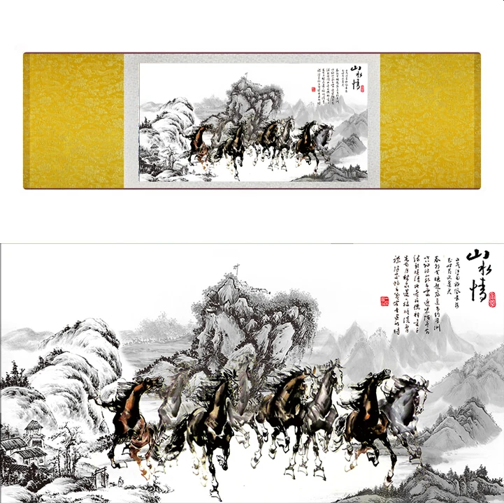 

top quality Chinese Horse silk painting Horse art painting Silk scroll art painting eight horse painting19062811