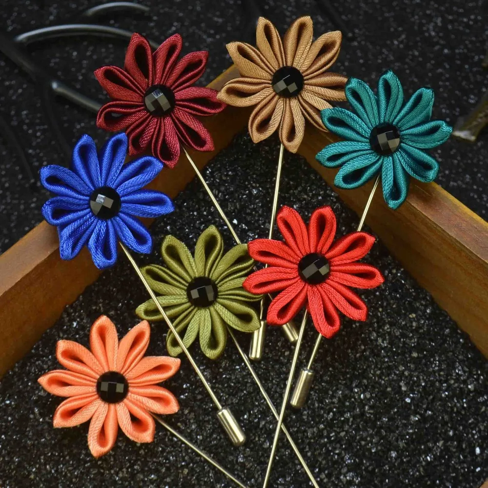 Free shipping , 20 pcs/lot , Mens Satin Flower Lapel Pin, Kanzashi Inspired Flower Lapel Pins with Black Crystal