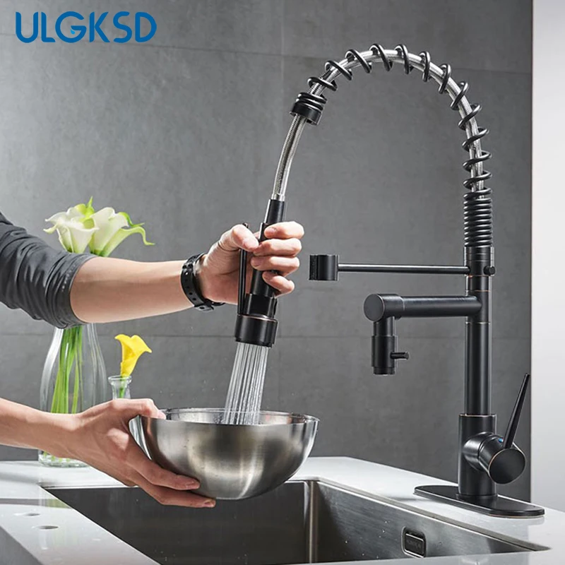 

ULGKSD Bronze Kitchen Faucet 360 Rotate Single Handle Pull Down Spray Head Ducha Hot and Cold Water Mixer Tap For Kitchen Sink
