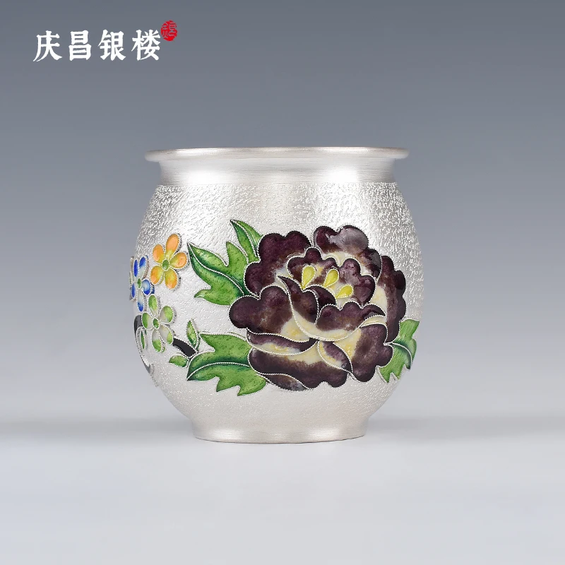 

999 Silver Tea Cup Kung Fu Tea Set Coffee Cup Tea Ceremony Cloisonne Purple Peony Cup Silver Cup