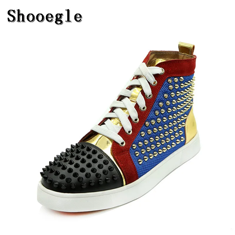 SHOOEGLE Top Quality Patchwork Gold Rivets Men Shoes Fashion Spike Lace-up Shoes Men High-top Sneakers Shoes Man Size 38-47