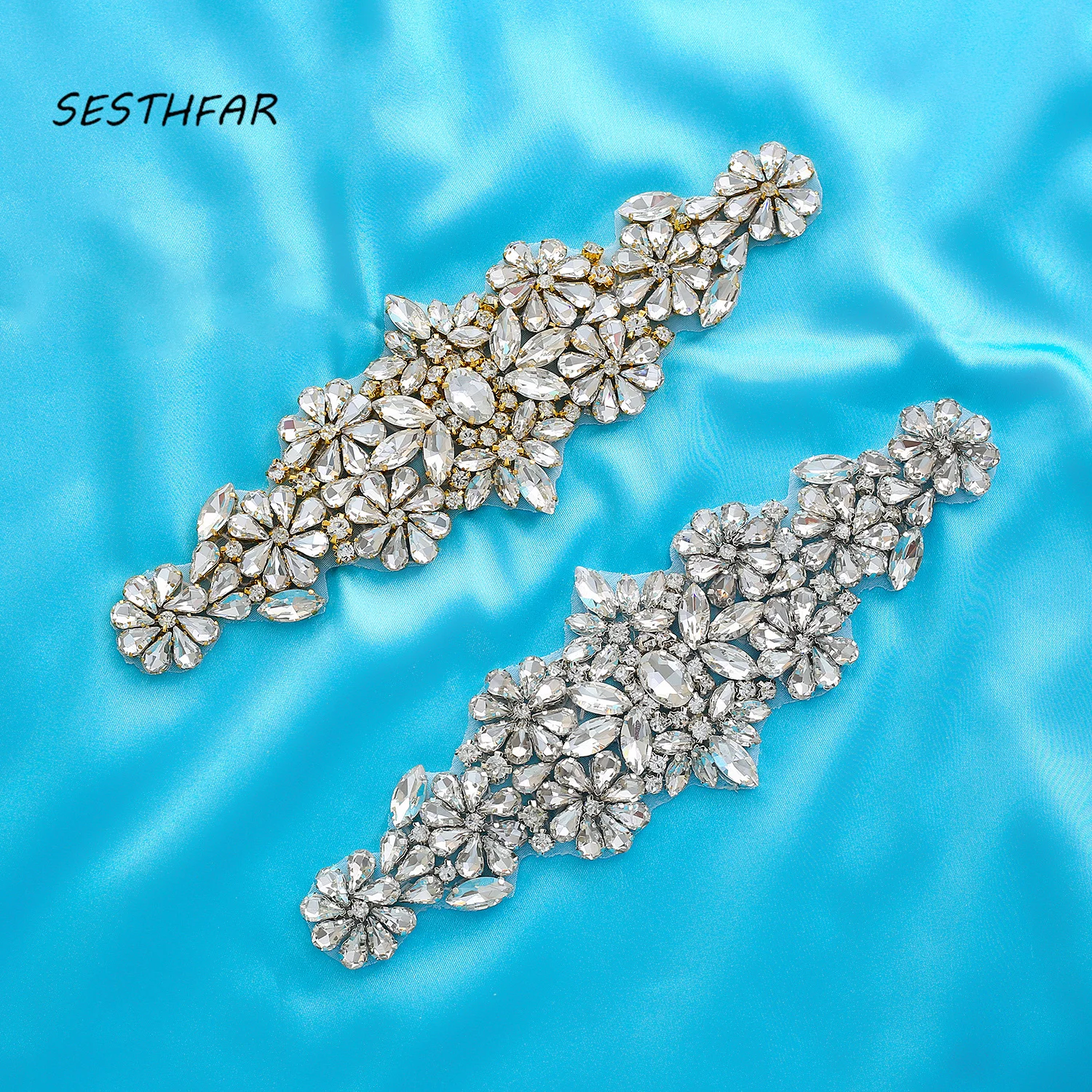 

SESTHFAR Clear Rhinestones Appliques For Wedding Dresses Belt Silver Crystal Rhinestones With Pearls Sewing On Bridal Sashes