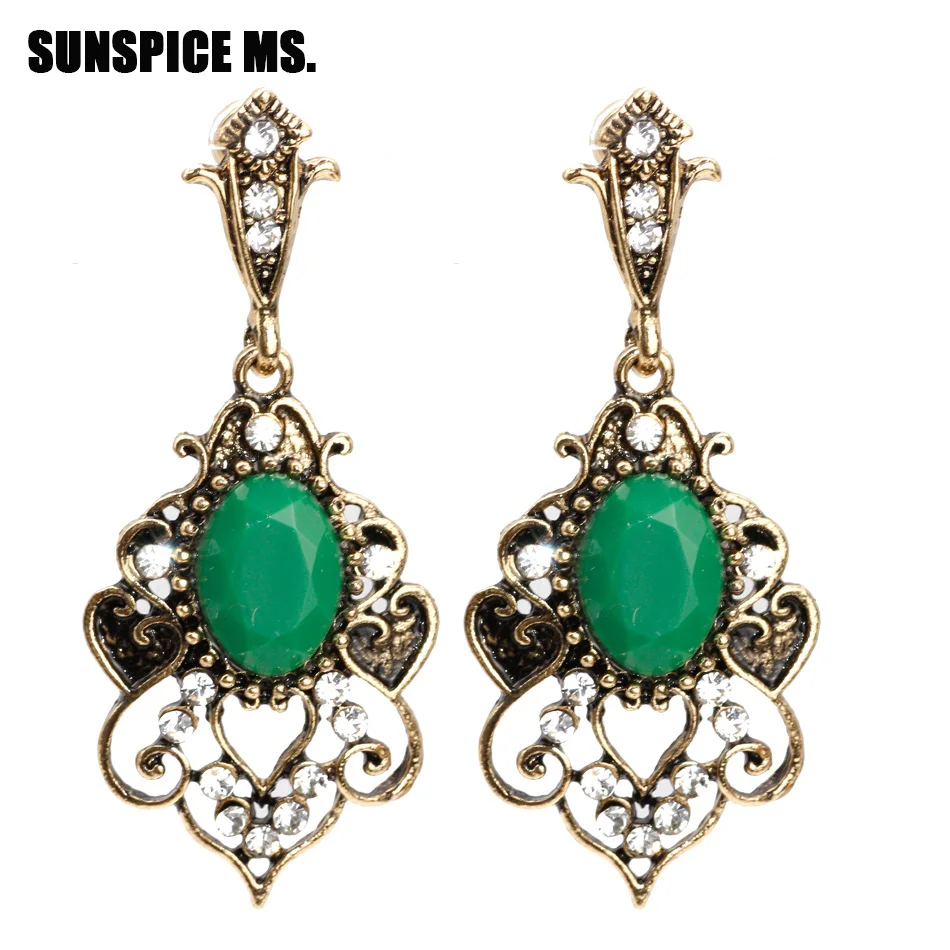 Vintage Indian Jewelry Ethnic Long Dangle Earrings For Women Antique Gold Color Round Stones Turkish Drop Earring Wholesale 2018