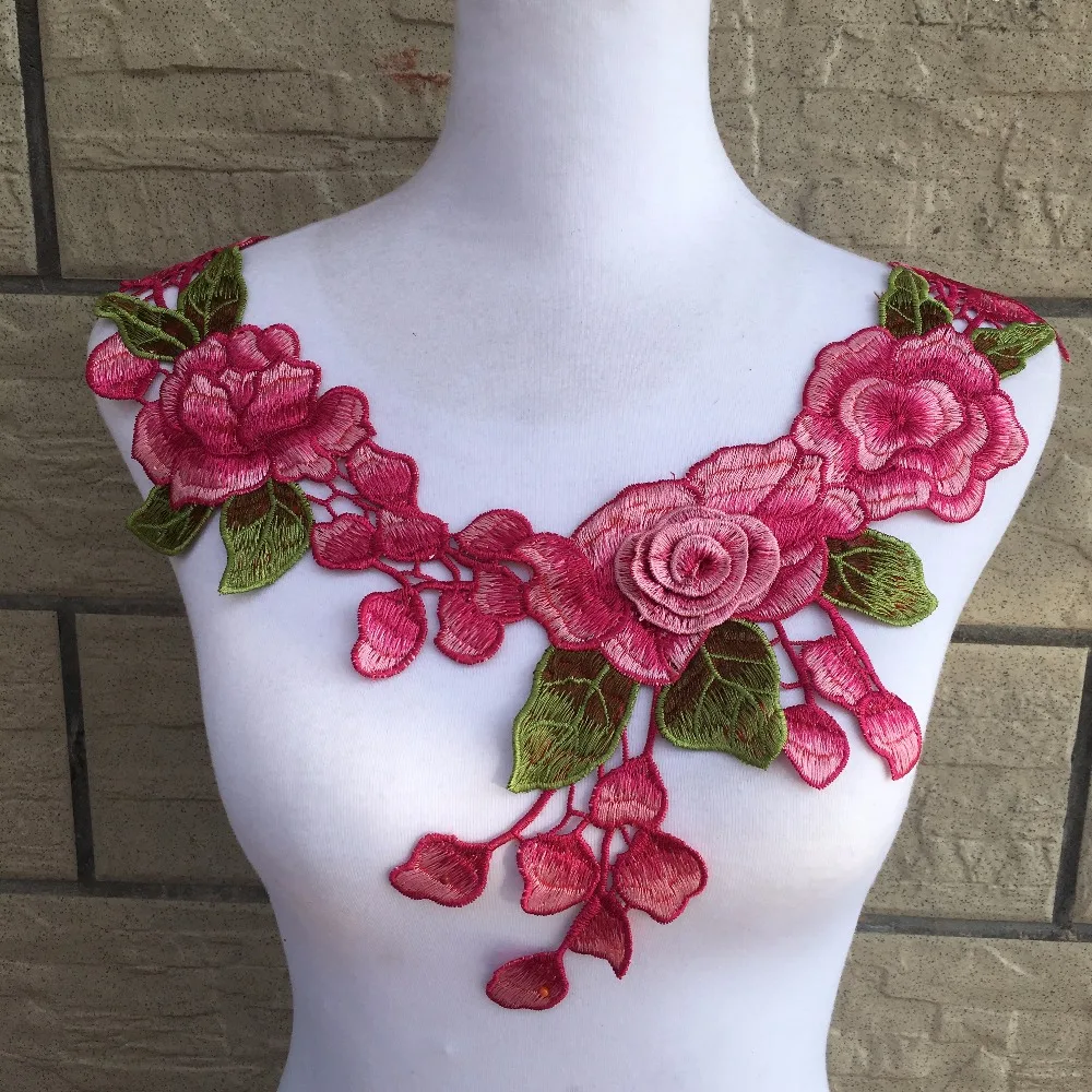 1Pc 6 colors 3D Red Embroidered Fabric Rose Flower Venise Lace Sewing Applique Lace Collar Neckline Collar Applique Accessories