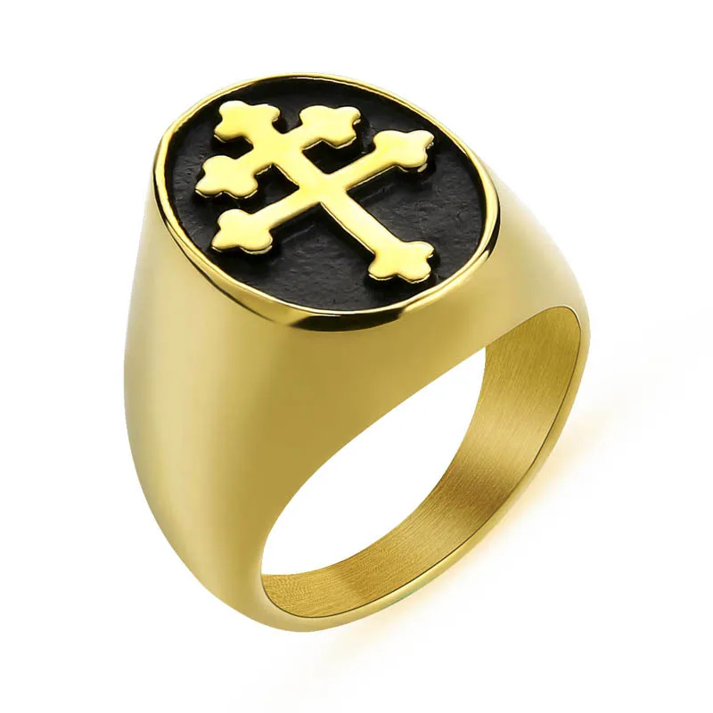 Men\'s Lorraine Cross Ring Gold Silver Color Titanium Stainless Steel Crux Vera Cross Rings for Men Punk Jewelry US Size 7 -14