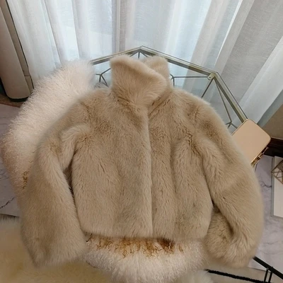 MESHARE Women Winter New Small Apricot Lapel Short Loose Thick Warm Faux Fur Coat