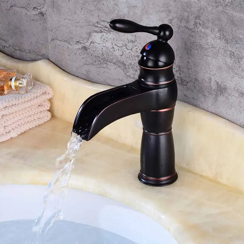 

Bathroom Basin Faucet Black oil/ORB Brass Sink Waterfall faucet Single Hole Cold Hot Water Tap Basin Faucet Mixer Tap Torneira