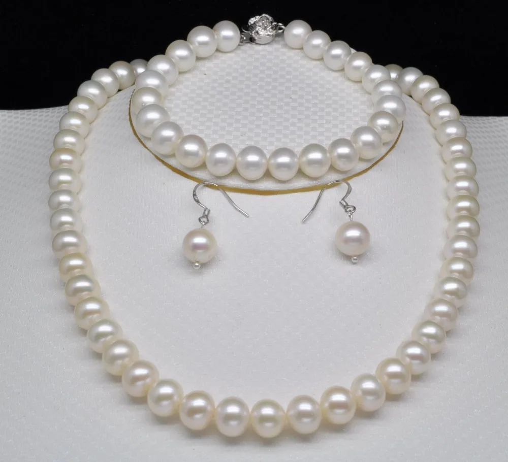 

Women's Wedding charm white 9-10mm pearl necklace earring real new-jewelry