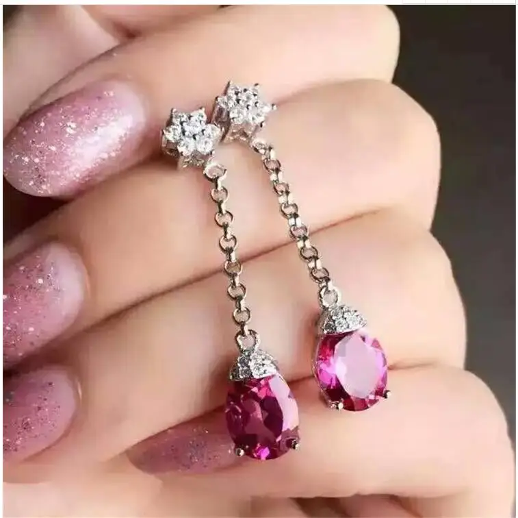 Natural Pink topaz earring Free shipping Natural real Pink topaz 925 sterling silver 7*9mm