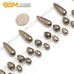 Teardrop Natural Gray Pyrite Loose Gem stone Jewelry Making Beads Strand 15