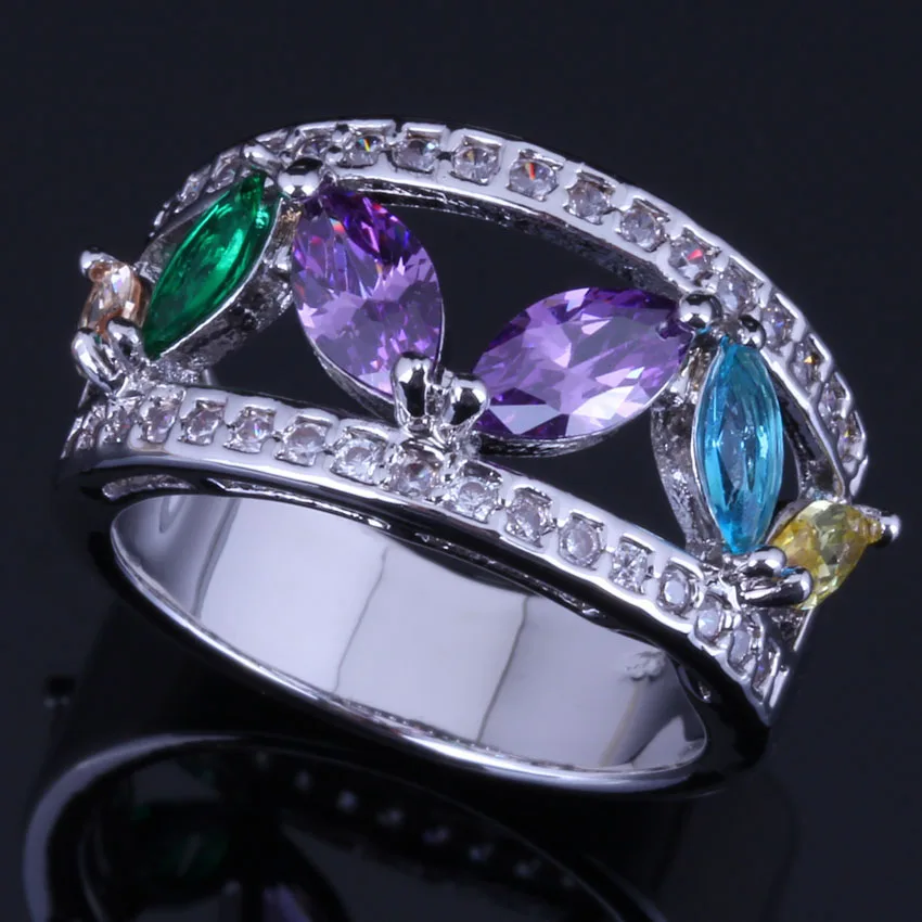 Divine Multigem Multicolor Purple Cubic Zirconia White CZ Silver Plated Ring V0603