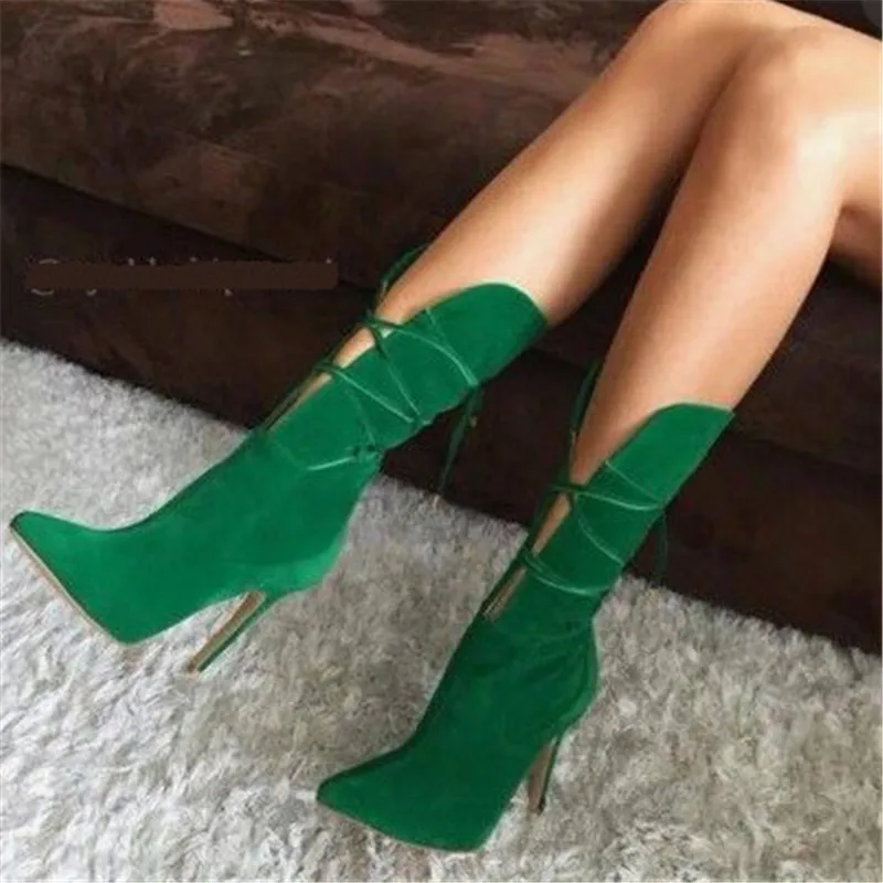 

2020 Designers Women Green Stilettos Mid Calf Boots Suede Cut-outs High Heels Shoes Women Cross-tied Pointed Toe Gladiator Boots