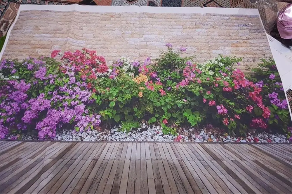 Laeacco Photo Backgrounds Spring Colorful Flower Floret Vines Brick Wall Wooden Floor Baby Photography Backdrops Photo Studio