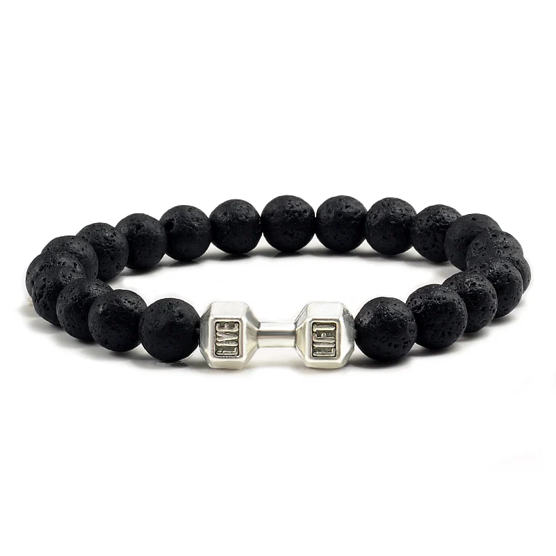 Hot Natural Stone Dumbbell Beaded Bracelet Black Lava Onyx Beads Fitness Fit Life Prayer Bracelets Bangles Barbell Men Jewelry