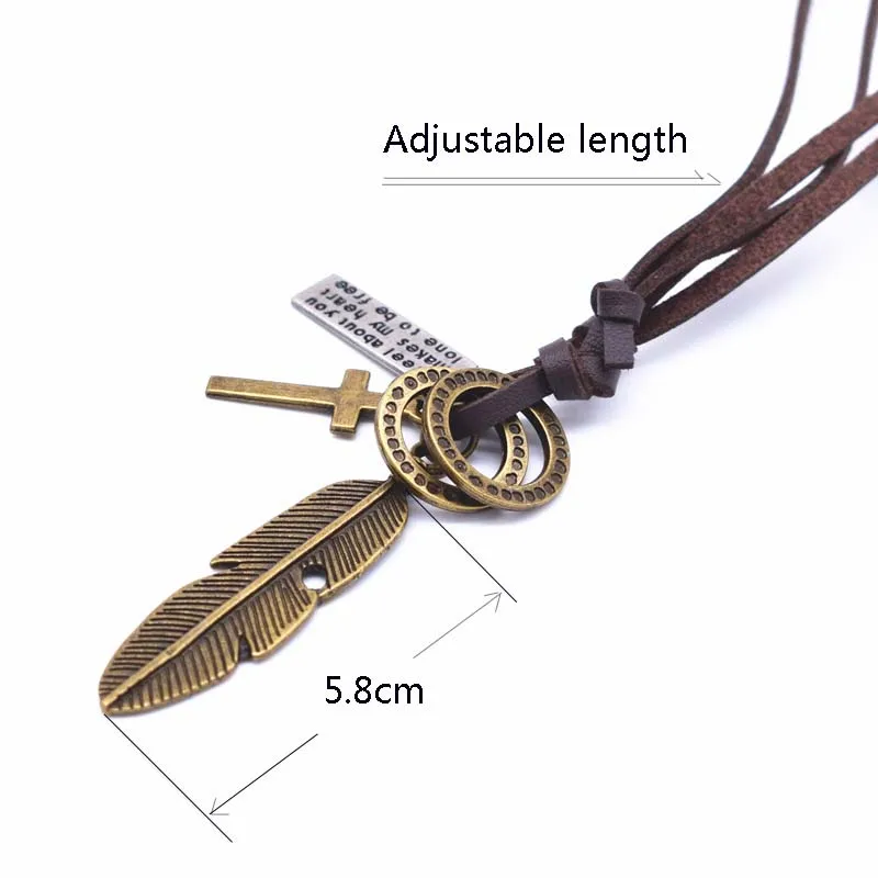 VOQ 2017 Fashion Vintage Feather Pendant Necklaces For Women Men Friendship Adjustable Long Leather Rope Chain Necklace Jewelry