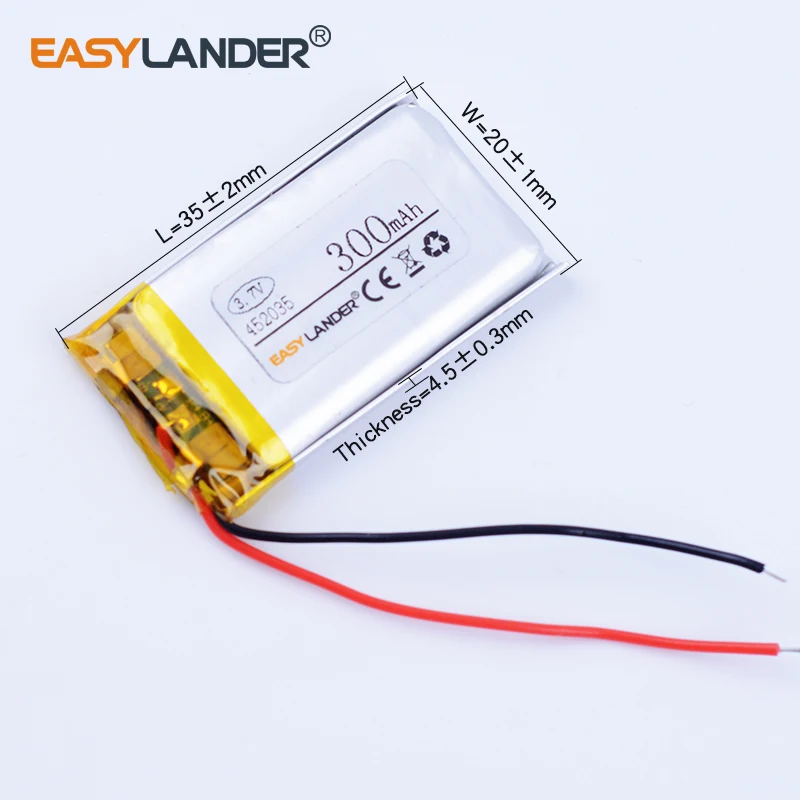 452035 3.7V 300mAh Rechargeable Lithium Li-ion Polymer Battery for mp3 dvr smart watch small toys Recording pen GPS speaker