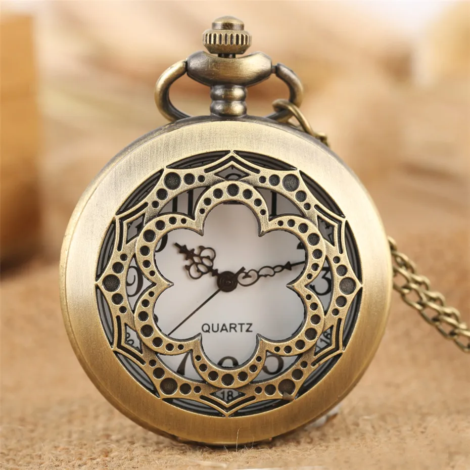 Hollow Flowers Shape Half Hunter Quartz Pocket Watch Bronze Pendant Watch Fob Necklace Chain New Arrival 2019