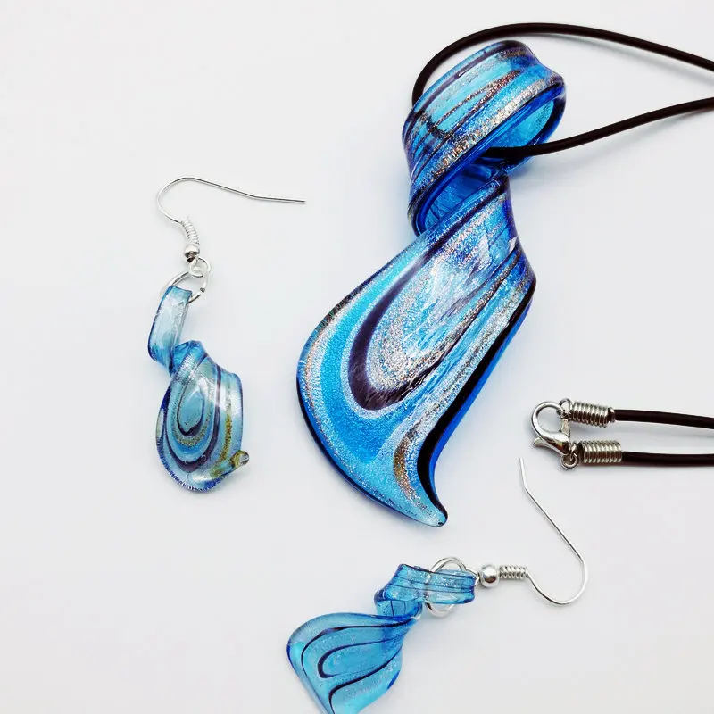 1Set Blue Lampwork Glass Murano Pendant Necklace Earrings FASHION