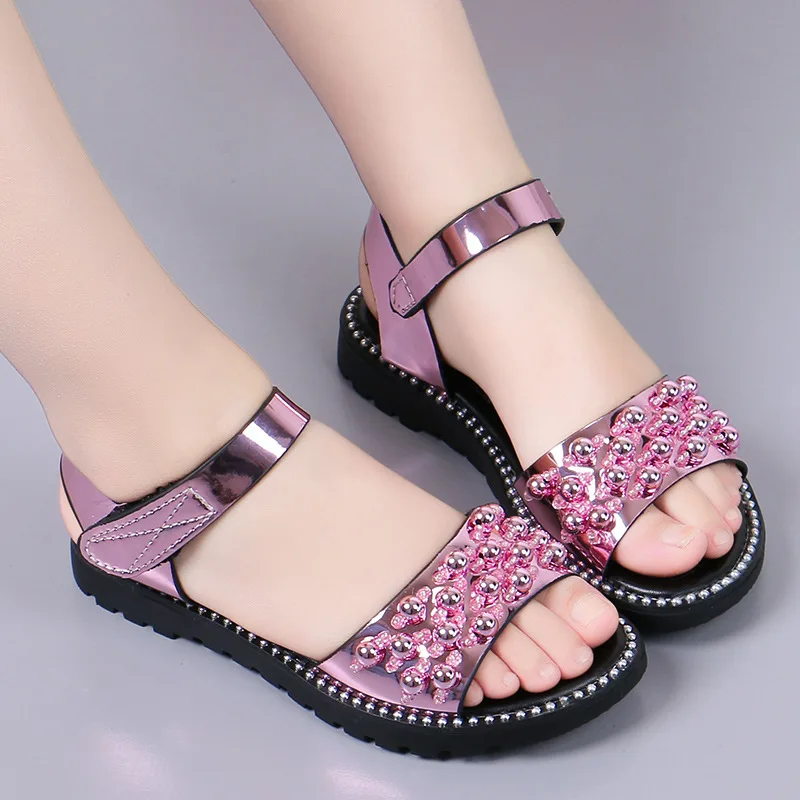 2022 Summer New Girl Rhineston Sandals Kids Child Fashion Bead Patent Leather Princess Sandals Party Shoe For Girls Big Shoe