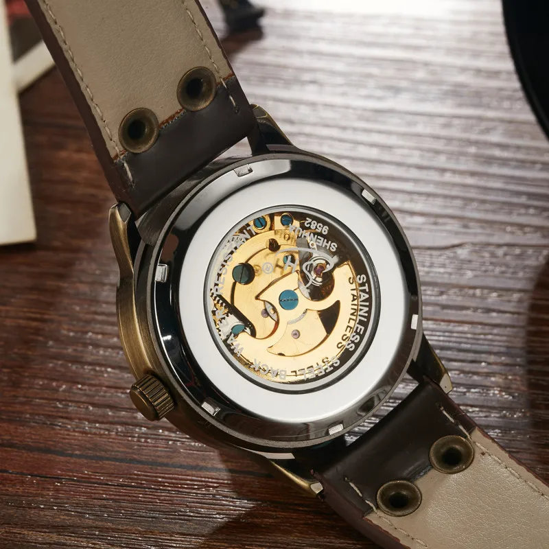 SHENHUA Retro Bronze Automatic Mechanical Watch Mens Skeleton Luminous Real Leather Men Sport Speed Mechanical Wristwatches