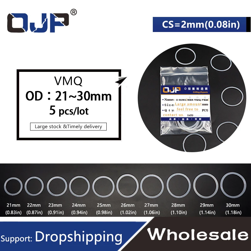 ゴム製oリング,5ピース/ロットホワイトシリコンリング,od 21/22/23/24/25/26/27/28/29/30*2mm,シール,ワッシャー
