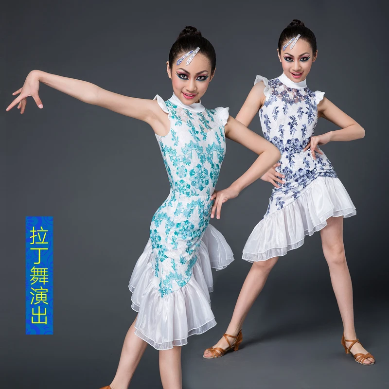 

New lace children Latin dance dress children practice uniforms costumes women in the big children Latin show clothing