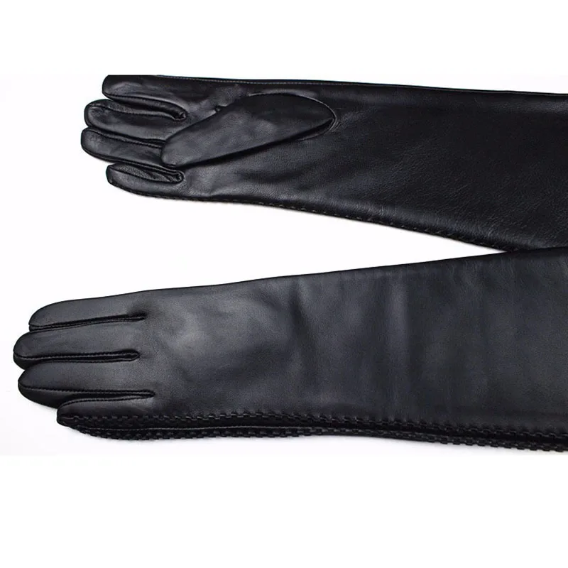 50cm Long Sheepskin Leather Gloves Women\'s Thin Velvet Lining Autumn and Winter Warm Black Finger Gloves Free Shipping