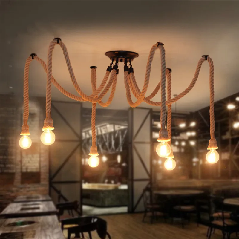 

4 /6 /8 /10 Heads Antique Ceiling Lamp For Dining Room Bar Vintage Retro Industrial Spider Loft Hemp Rope Spiders Lights