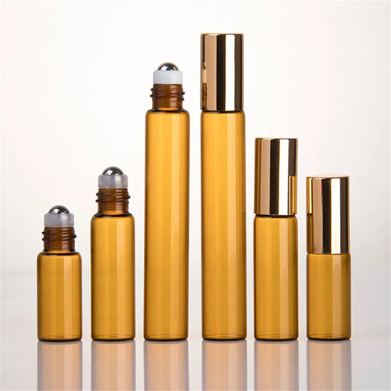 50pcs/lot 1ML 2ML 3ML 5ML 10ML Amber Roll On Roller Bottle for Essential Oils Refillable Perfume Bottle Deodorant Containers