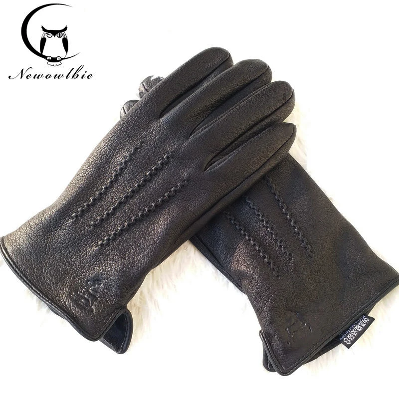 New deer skin pattern design leather gloves male warm soft Sheepskin men\'s glove black three lines design men mittens