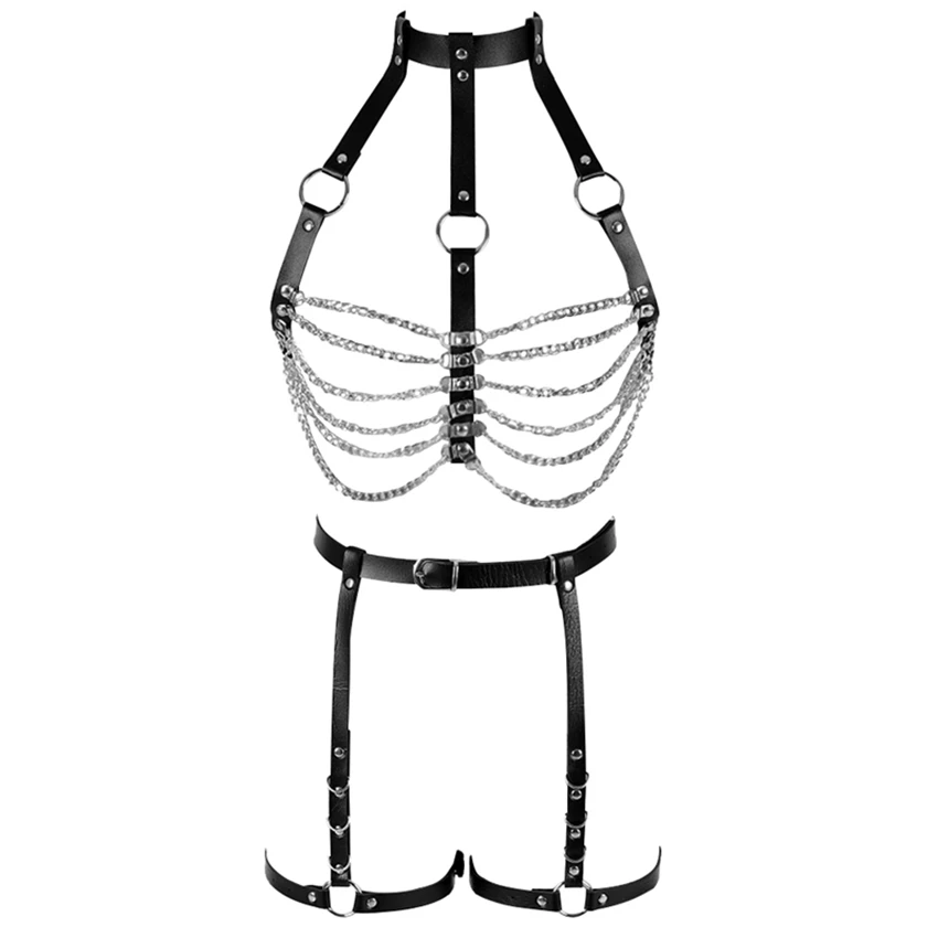 Goth Rave Leather Body Harness Bra Sexy Lingerie Garter Belt Set Full Bondage Adjust Metal Chain Tops Dance Festival for Women