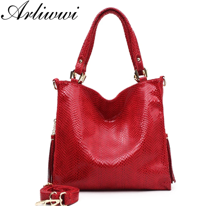 Arliwwi Brand High Quality Shiny PU Leather OL style Serpentine Embossed Large Capacity Ladies Shoulder Bags Handbags Women QK10