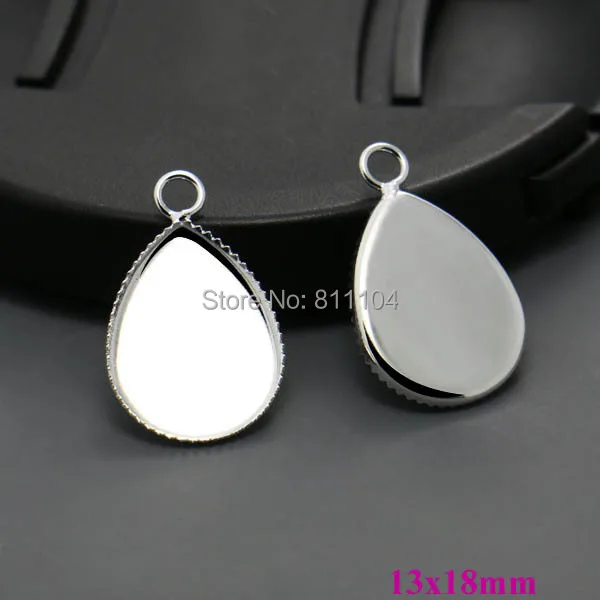 13x18mm New Silver tone Plated Copper Metal Blank Bases teardrop Bezel cups w/ a loop Cabochon Settings Pendant Blank Wholesale