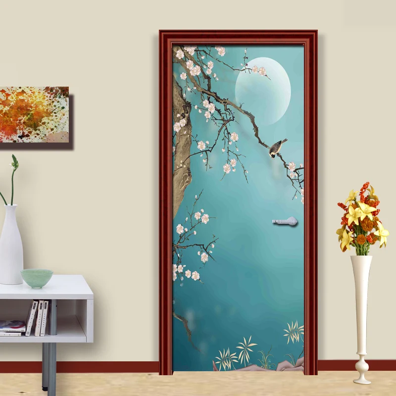 Chinese Style Hand Painted Flowers Birds Art Wall Painting Vinyl Self-adhesive Door Sticker 3D Photo Wallpaper Waterproof Mural