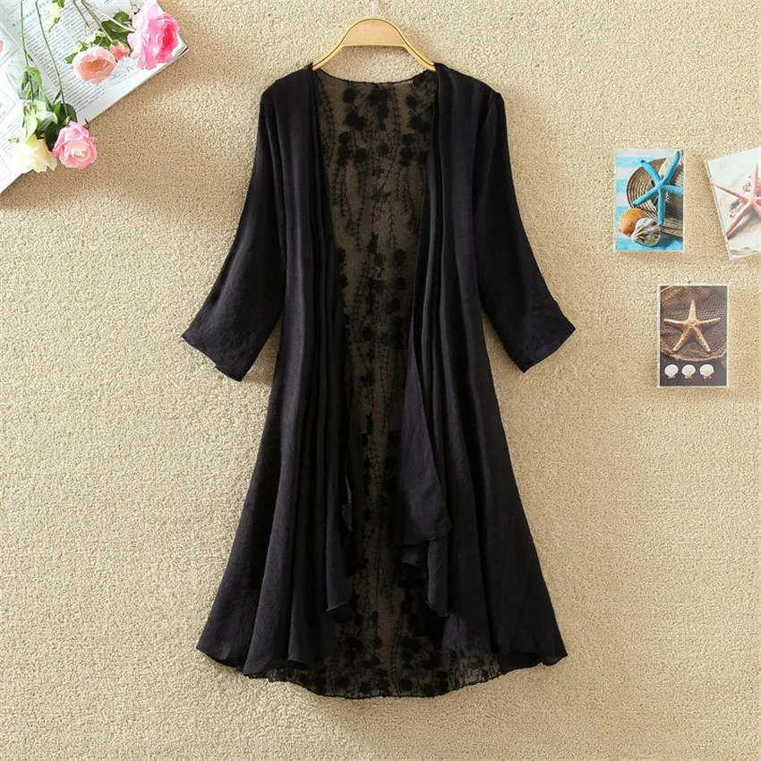 Gowyimmes Sommer Frauen Dünne Baumwolle Leinen Bluse Allgleiches Mädchen Midi Lange Spitze Shirt Sonne Schutz Kleidung Strand Mantel Cape 364