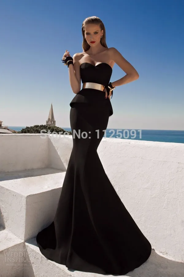 Black Sexy New Arrival Sweetheart Trumpet Sweep Train gold Sash Peplum Evening Dresses Custom Made