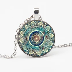 NEW Vintage Buddhist Chakra Glass Round Pendant Necklace Fashion Om Indian Yoga Mandala Wear Jewelry Female  Gift Party Souvenir