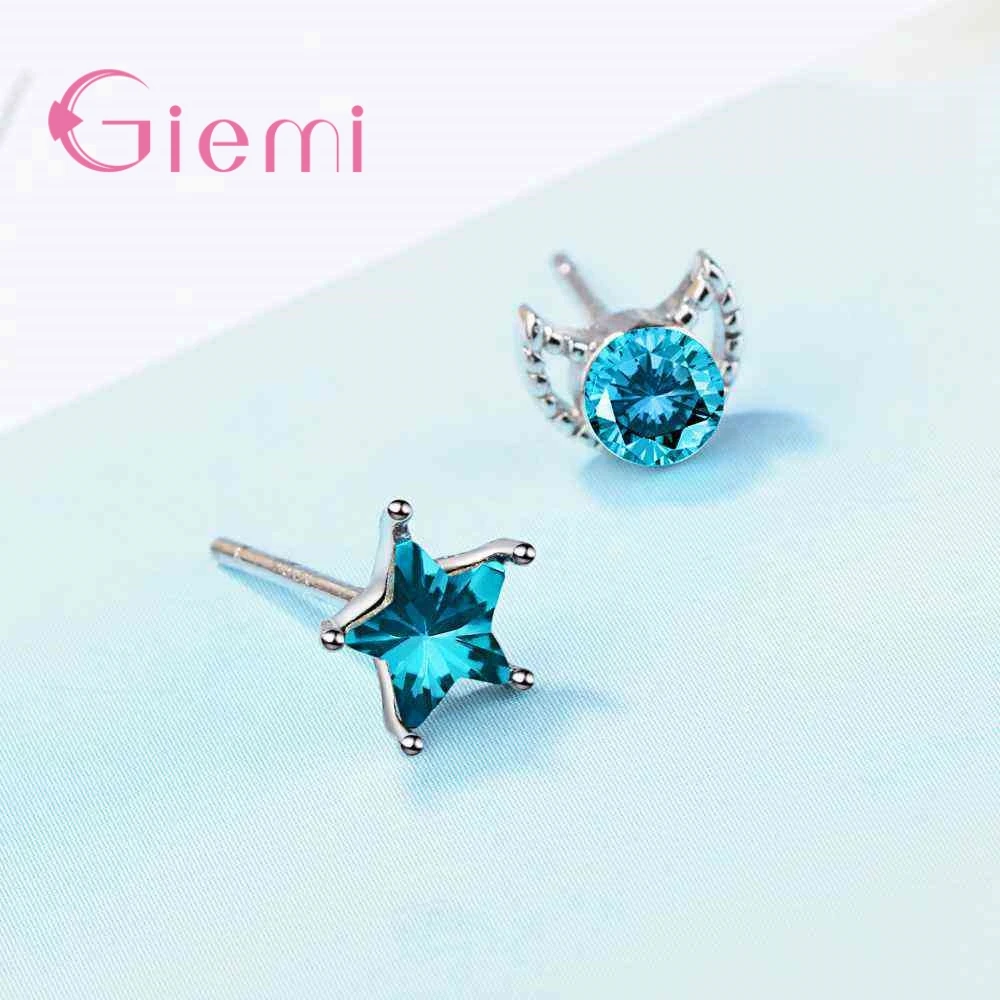 Factory Price Lovely Star Moon Decoration Women Girls 925 Sterling Silver  Stud Earrings With Clear Bule Cubic Zircon