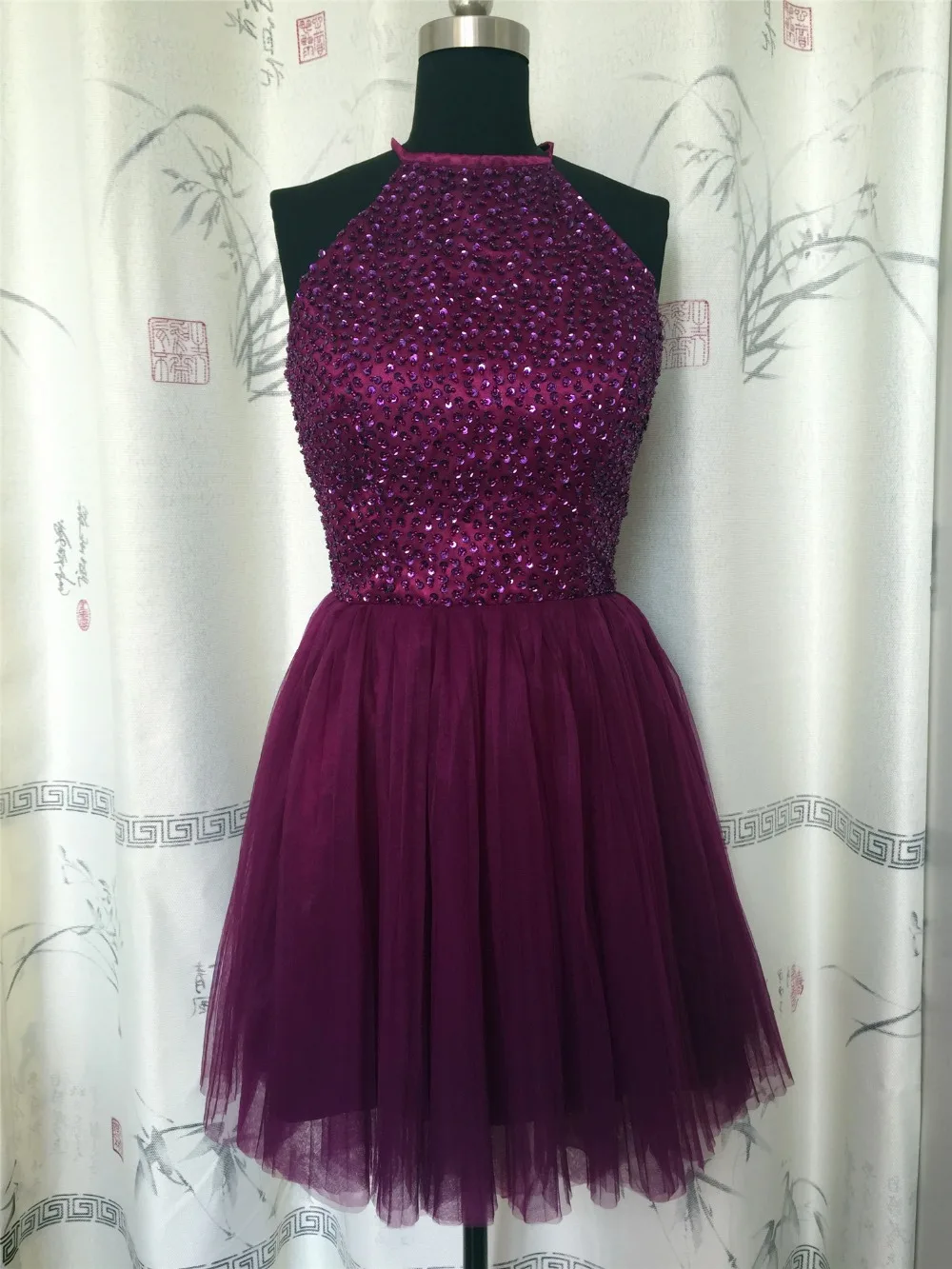 

2016 Halter A Line Short Prom Ball Gown Cocktail Party Purple Homecoming Dresses Real Photos Size 2 4 6 8 10 12 14 16