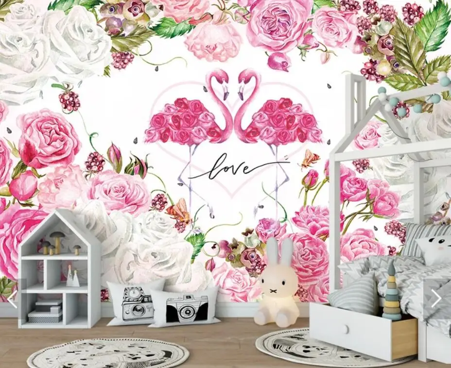 Custom Flamingo Flower Wallpaper Mural 3D Printed Photo Wall Murals for Wedding Room TV Backdrop Home Decor Floral 