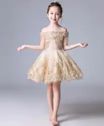 Glizt Gold Tulle Sequin Girls Summer Dress Strapless Flower Girl Dress for Wedding Party Pageant Princess First Communion Gowns