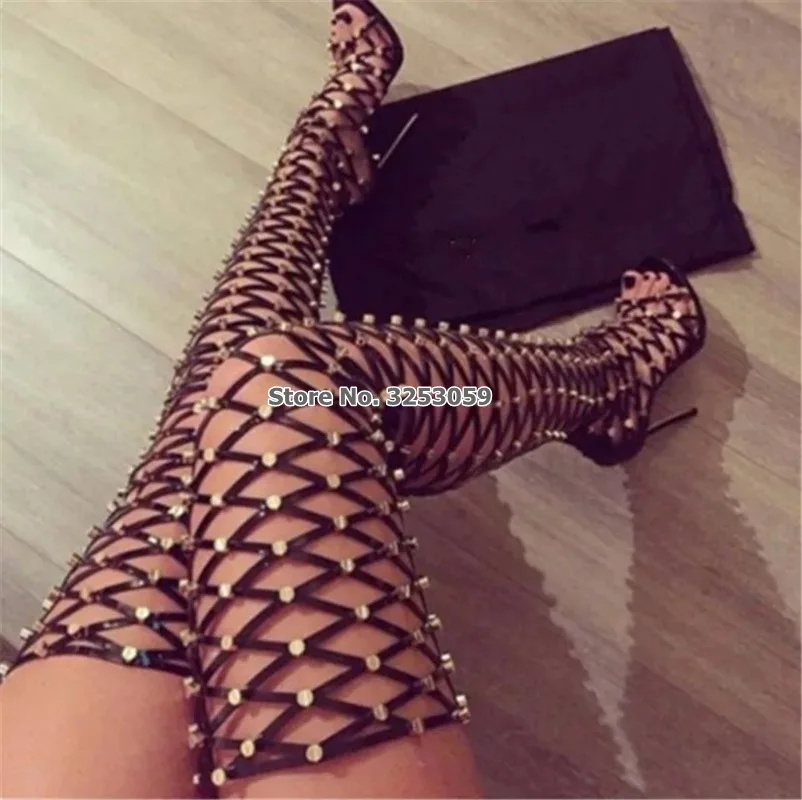 ALMUDENA Luxury Sexy Black Cross Strap Thigh High Boots Metal Studded Hollow Out Cage Long Sandal Boots Over-the-knee Boots Shoe